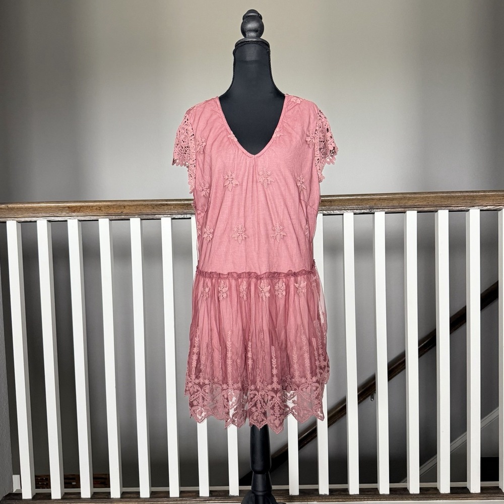 Indigo Thread Sheer Lace Embroidered Crochet Tunic Top Pink 1X Coquette Feminine